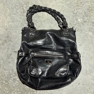 VTG Euro TREVISO Croc Embossed Faux Leather Handbag Shoulder Bag BLACK Braided
